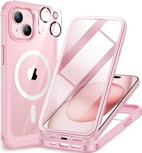 CENHUFO Magnetic Compatibl with iPhone 15 Case and Magsafe, Built-in Glass Screen Protector with Camera Lens Protector, 360°Full Body Heavy Duty Protective Phone Case for iPhone 15 6.1 Inch -Pink