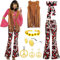 Pianocean Hippie Kostüm Damen Set, 60er 70er Jahre Faschingskostüm Hippie Kleidung Damen mit Fransenweste Schlaghose Hippie Accessoires, Hippie Kostüm für Karneval Party