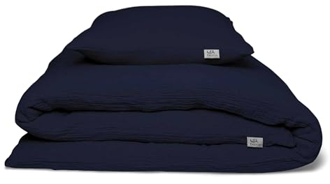 hutch&putch Eliane Premium Musselin-Bettwäsche mit Kissenbezug - Midnight Blue - Bettwäsche-Set 100% Bio-Baumwolle - Deckenbezug, Kissenbezug weich & atmungsaktiv (155x220 mit Kissen 80x40 cm)