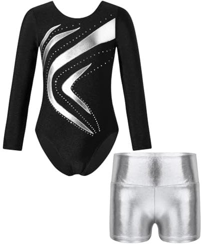 Oyolan Mädchen Kinder Gymnastikanzug Turnanzug Glitzernde Gymnastikbody Langarm Turntrikot mit Kurze Hose Tanzkostüm Z Silber 134-140