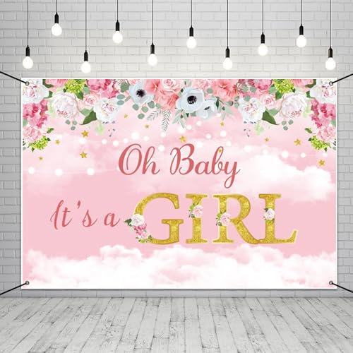 MIRRORANG 1,8 x 1,1 m Babyparty-Hintergrund, Dekorationen, Babyparty, mit rosa Blumenmuster, Polyester-Stoffbanner für Mädchen, Babyparty-Zubehör
