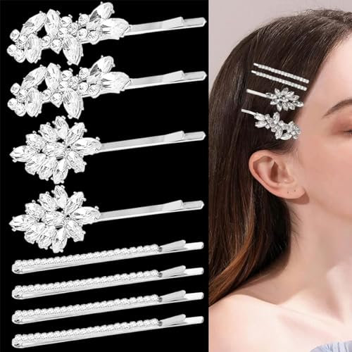 Ensemble de 8 barrettes pour cheveux de femme avec strass, idéales pour un mariage ou les grandes occasions. Parfaites pour les mariées, les demoiselles d'honneur, les femmes et les filles (argent)