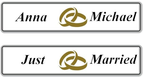 2X Hochzeit Autoschild mit Wunschtext Hochzeitsschild Hochzeitsauto Kennzeichen aus Aluminium | Digital Druck | Verschiedene Motive (Goldene Eheringe)