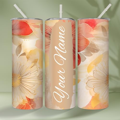 ROONMKUU Vaso personalizado de flor con nombre de 20 onzas, taza de viaje con tapa y pajita, vaso de flores, vaso para el día de la madre