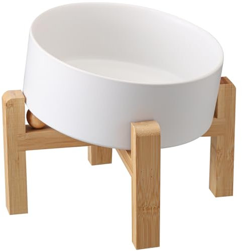 Addggo White Elevated/Raised 15°Tilted Anti Slip Ceramic Dog Bowl for Small and Medium Breeds,Slanted Bulldog Big Face Pet Feeding Dish,Food Water Plate with Stand for Cats and Dogs (3.6 Cups/28 OZ)