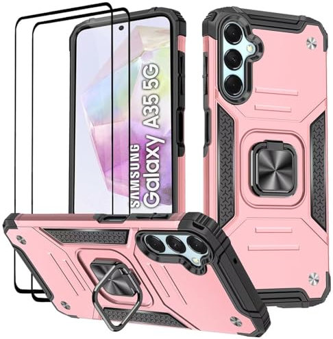 KANSi Cover per Samsung Galaxy A35 5G, Vetro Temperato [2 Pack] Custodie Silicone TPU 360° Rotante Anello Magnetica Anello Ring Supporto Bumper - Rose Gold