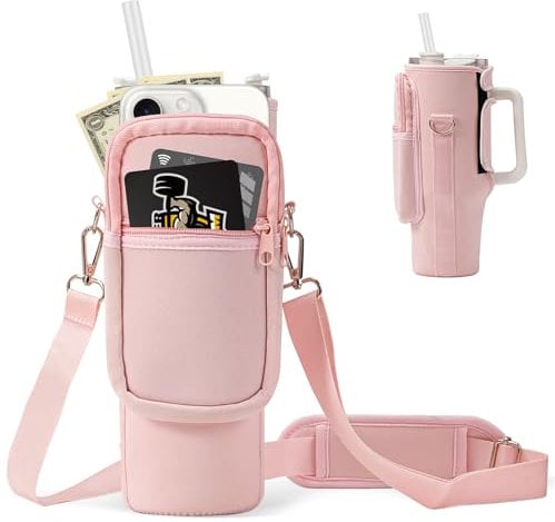 Water Bottle Carrier Bag with Phone Pocket for Stanley Cup 40 oz,Water Bottle Holder Pouch with 4.9FT Adjustable Strap for Stanley Cup Accessories(Rose Quartz)