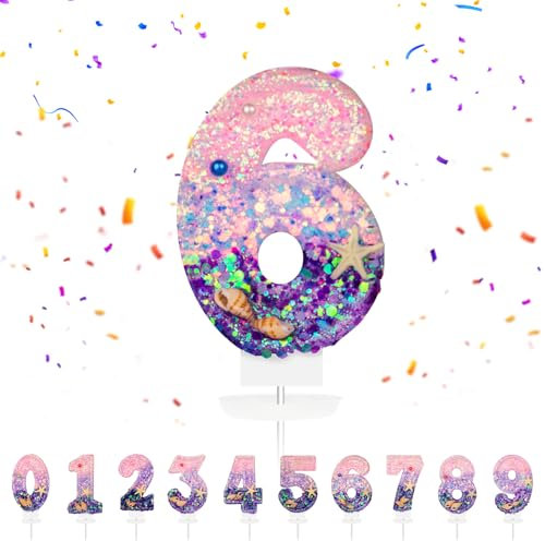 Geburtstagskerzen Zahlen 6, Meerjungfrau Geburtstag Kerzen 6 Zahlenförmige Kerze, 3D Tortendeko, kuchen Dekoration für Geburtstag Party, Hochzeiten, Firmenfeiern, Jubiläen, Birthday Candle Nummer
