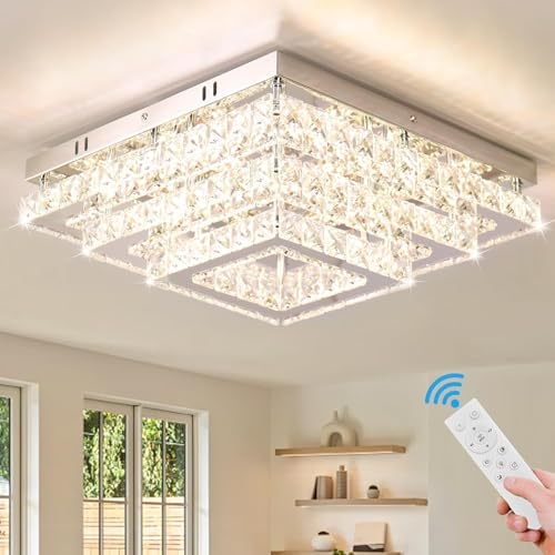 Finktonglan Moderne quadratische Kristall-LED-Deckenleuchte, 38cm dimmbare Kristall-Kronleuchter Deckenleuchten 3-Tiers Leuchten Deckenmontage für Schlafzimmer Wohnzimmer Esszimmer