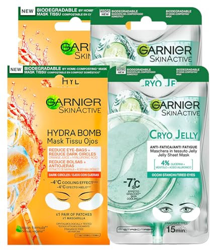 Garnier SkinActive Hydra Bomb Augenmaske gegen Augenringe, mit Orangensaft und Hyaluronsäure, 4 Patches + Cryo Jelly Augenmaske, Anti-Effekt, mit Glycerin und Menthol, 4 Patches