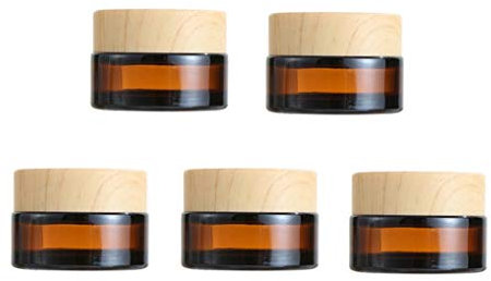 5Pcs 20g Amber Glass Jars Empty Cosmetic Cream Jars with Wood Grain Lids Refillable Sample Jars Containers Pot for Lotions Cream Lip Balm