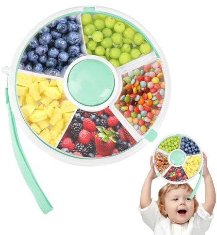 Snackbox mit 5 Fächern für Kinder, Snack Spinner mit Handschlaufe, Rotierender Snackteller mit Deckel, Tragbarer Obst- und Süßigkeiten-Organizer für Kinder, Kleiner Obstteller Organizer für Kinder