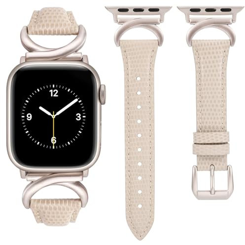 TOYOUTHS Leather Strap Compatible with Apple Watch Straps 41mm 40mm 42mm 38mm Women Slim Thin Dressy Designer Strap with C-Shaped Buckle for iWatch 10/9/8/7/6/5/4/3/SE, Lizard Starlight/Starlight