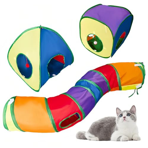 Focenat 3 en 1 Túnel para Gatos, Túnel de Juego para Gatos, Tienda de Campaña Plegable para Gatos, Túnel Gatos para Interiores y Exteriores, Interactivos Juguete para Gatos Perros Conejos (A)