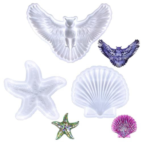 YSJCHEBS Set da 3 Pezzi Stampo in Resina Fai-da-Te Stampo in Resina Animale Stampo in Silicone Animale 3D Stampo in Resina Conchiglia Stella Marina Gufo
