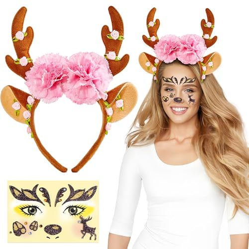 Echehi Reh Haarreif Damen Mädchen, Rentier Haarreif Mit Blumen, Reh Geweih Haarreif Mit Reh Gesichtstattoo, Reh Kopfschmuck Haarreif Für Karneval, Fasching, Halloween Party