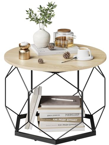 WOLTU Couchtisch rund, Wohnzimmertisch mit Stauraum, Beistelltisch Sofatisch Kaffeetisch, aus Metall MDF, Schwarz+helle Eiche, BTS27hei