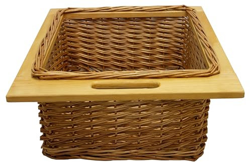 Pull out Wicker Basket Drawer 500mm Kitchen Storage Solution Larder Base Unit Cupboard with Handle Rustic Pine Wood Farmhouse Style 100% Handmade Rattan Brown