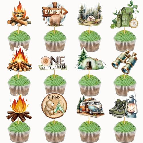 36 PCS Camping Cupcake Toppers, Camping Party Decorations, Camping Cake Decorations for Woodland BBQ, Camping Cake Topper, Camping Themed Party Decorations, Camping Decor