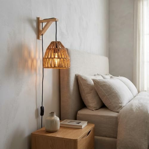 Alpinaluz Wandleuchte E27 mit Steckerkabel und Schalter, Basis aus Naturholz und Schirm aus geflochtenem Papierseil, Ø17 cm, natürlicher Landhausstil für Schlaf-, Wohn- und Esszimmer