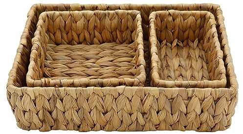 Aufbewahrungskorb-Set aus Wasserhyazinthe, handgewebt, natürlicher Weiden-Organizer mit offenem Regal, für Badezimmer, Küche, Schrank, Kommode, dekorative rechteckige Aufbewahrungsboxen, Mini-Tabletts