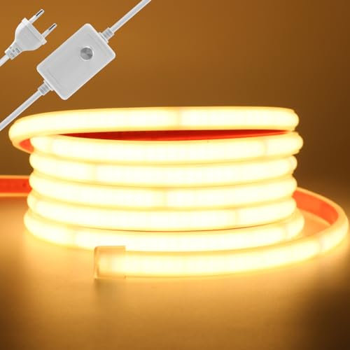 Wisada LED Band 3M, Wasserdicht IP65 Warmweiß Dimmbar LED Leuchtband Selbstklebend,240LEDs/m Superhell Flexible FCOB LED Strip(Schnitt alle 10cm), Anschluss an AC220-240V COB Streifen für Weihnachten