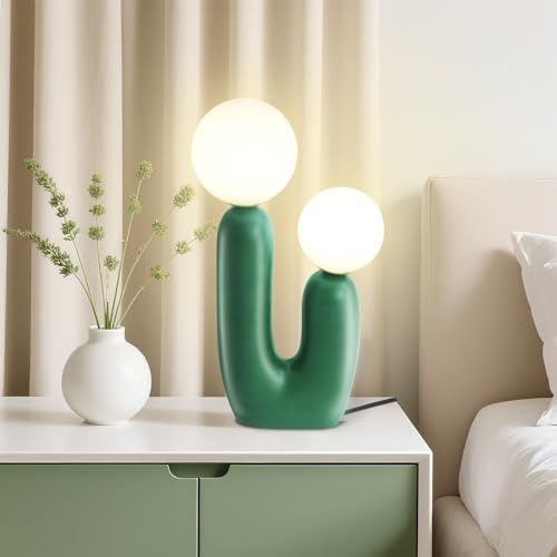LED Tischlampe Niedliche Kaktus Nachttischlampe,Moderne Deko Pilz Lampe für das Schlafzimmer,Grüne Harz Schreibtischlampe mit 2 Kugel Lampenschirmen,lustige Geschenke für Kinder und Familie,G9-Sockel