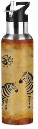 Mexpekil Bouteille d'eau isotherme en acier inoxydable avec paille et gourde sous vide pour enfants et adultes - Motif cheval africain abstrait - 600 ml