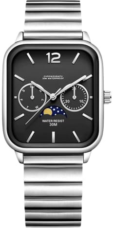 RORIOS Quarz Herren Kalenderuhr Analog Quarz Klassiker Business/Freizeit Watch Datumsanzeige Wasserdicht Watches Rechteckiges Zifferblatt & Edelstahlarmband Schwarz