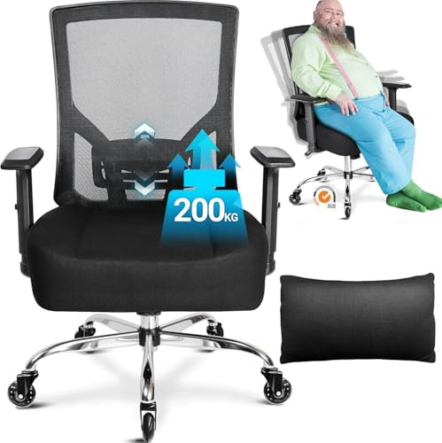 MELOKEA Bürostuhl 200KG XL, Breites Federkissen, Gummirollen, Ergonomischer Bürostuhl, Verstellbare Lendenwirbelstütze, Stufenlose Neigungsfunktion, Gaming, Schreibtischstuhl [Lendenkissen Inklusive]