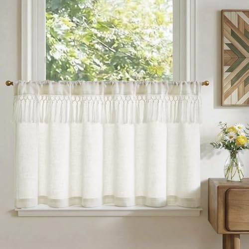 TOPICK Scheibengardinen Franse modern Bistrogardine 1Stück H60xB125 Beige | Blickdicht Küchenvorhänge Leinenoptik Lichtdurchlässig Kurzgardine Küchfenster landhausstil küchengardine fenstergardinen