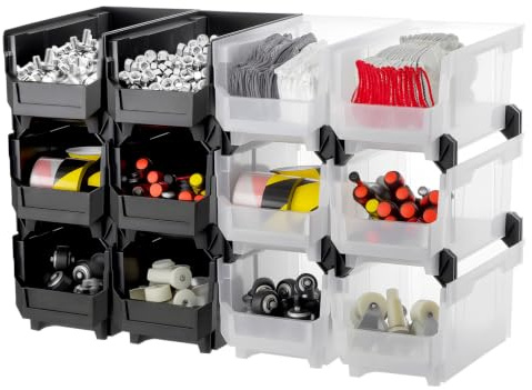 VEVOR Plastic Stackable Storage Bins, 14.8 x 8.5 x 7.1 inch (12 Pack), Plastic Containers for Organizing & Storage Bins for Garage, Small Parts, Office Supplies, Other Accessories, Black & Transparent
