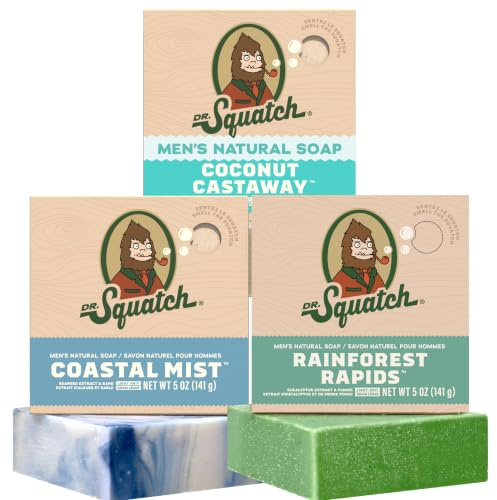 Dr. Squatch Natural Men’s Bar Soap - Cold Process Body Soap Bar with Natural Oils - Gifts for Men - Coconut Castaway, Rainforest Rapids, Coastal Mist (142g, 3 pack)