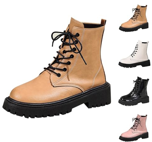 Momolaa Khaki Ankle Boots for Women Patent Leather Platform Lug Sole Combat Booties Lace up Low Block Chunky Heel Side Zipper Fall Winter Black Military Boot Shoes Stylish Footwear Gift Size 6.5