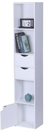 Relaxdays Bücherregal, 3 Fächer, 2 Schubladen, 1 Schrankfach, Wohnzimmer & Büro, HBT: 158 x 30 x 24 cm, Standregal, weiß