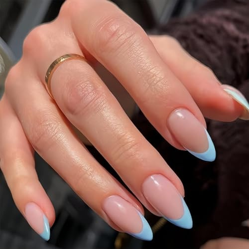 24PCS Press on Nails French Tip, Almond False Nails with Glue, Medium Long Blue Tip Pink Stick on Nails, Simple Classic Acrylic Full Cover Fake Nails for Women DIY At Home