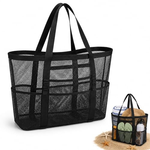 Yegookay Strandspielzeug Tasche Groß, Schwarz Netztasche Sandspielzeug, Netz Strandtasche, Sandspielzeug Aufbewahrung Draußen, Tasche Sand-spielzeug für Pool, Strand, Reisen