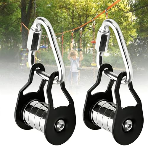 Slackline Seilrutsche Set – Aluminium Zip Line Umlenkrolle mit Karabiner für Teenager | Passend für Jede Slackline & jedes Klettergerüst | Outdoor Ninja Parcours Zubehör für den Garten (2 PCS)