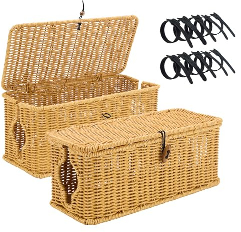 Bourske Cable Management Box Large Handmade Imitation Rattan Cable Tidy | 10pcs Reusable Cable Ties 2 Open Slots Cord Organizer Cable Organiser Box for TV Wires Computer Router USB Hub & Power Strip