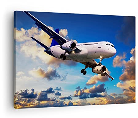 Bilder auf Leinwand Flugzeug Flug Reise Fahrzeug Leinwandbild 70x50cm Wandbilder Dekoration Wohnzimmer Schlafzimmer Küche Deko Klein Wanddeko Bild Wand Kunstdruck Art Wall Decor Canvas AA70x50-2445