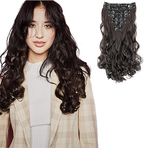 CAISHA XXL 35cm 8 Teile Set CLIP IN EXTENSIONS Haarverlängerung Haarteil Voluminös Gewellt Schokobraun CES103-1