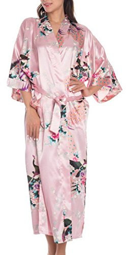 Femmes Kimono Peignoir Pyjama Longue Imprimé Paon Elégante - Robe de Nuit de Bain de Chambre Soie Artificielle - Rose - Taille L