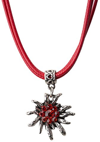 Trachtenkette Wiesnsonne eleganter und funkelnder Edelweiss Anhänger mit Strass - Trachtenschmuck Kette für Dirndl und Lederhose (Rot)