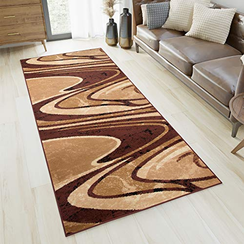TAPISO Dream Läufer Flur Teppich Kurzflor Modern Teppichläufer Brücke Braun Beige Abstrakt Wellen Muster Schlafzimmer Korridor ÖKOTEX 120 x 300 cm