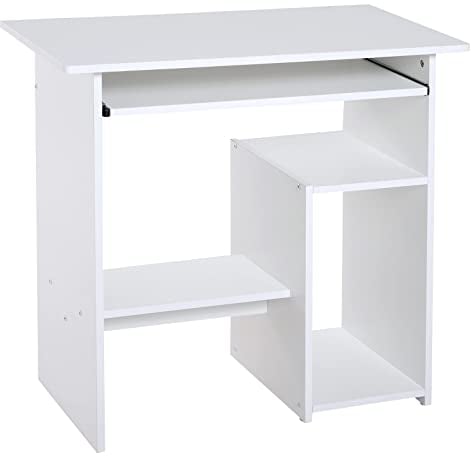 HOMCOM Schreibtisch, 80 x 45 cm, Computertisch, Bürotisch mit Tastaturablage, offenen Fächern und Ablageflächen, Spanplatte, für Home Office, Schlafzimmer, Weiß