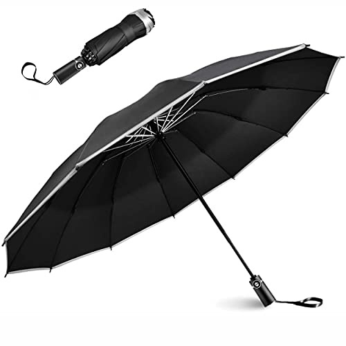 Automatischer, umgekehrter, faltbarer Reise-Regenschirm mit reflektierenden Streifen, LED-Lichtschirm, drei faltbare, 10 Rippen, umgekehrtes faltbares Design, nicht nasses Auto
