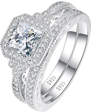 Yaresul Princess Cut Verlobungsring Set Damen Ringe Silber 925 Set Solitaire Cubic Zirkonia Ringe Für Paare Set für Frauen Größe 50.6(16.1)