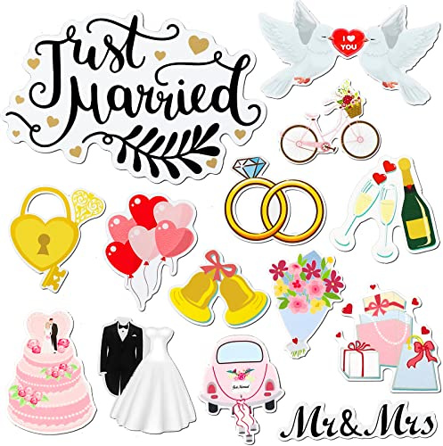 Konohan 14 Pcs Just Married Car Magnets Just Married Decorations Door | Cruise Ship Door Magnets, Honeymoon Anniversary Party Decor, Reusable Fridge Decoration, Wedding Rings Cake Champagne Design