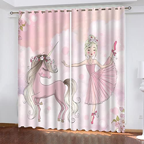 AOYNP Vorhang Blickdicht mit Ösen 3D Mädchen und Pferd Verdunkelungsvorhang Wohnzimmer 2er Set, rosa Prinzessin schlossPolyester Schallschutz Gardinen für Kinderzimmer Dekoration 220x215 cm