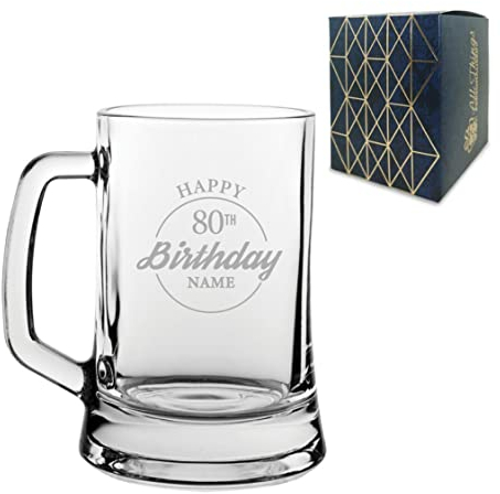 Personalised Engraved Tankard Beer Mug Stein Happy 80th Birthday Circle Design Gift Boxed, 16.75oz/495ml Classic Beer Glass, Any Name, Engraved in The UK